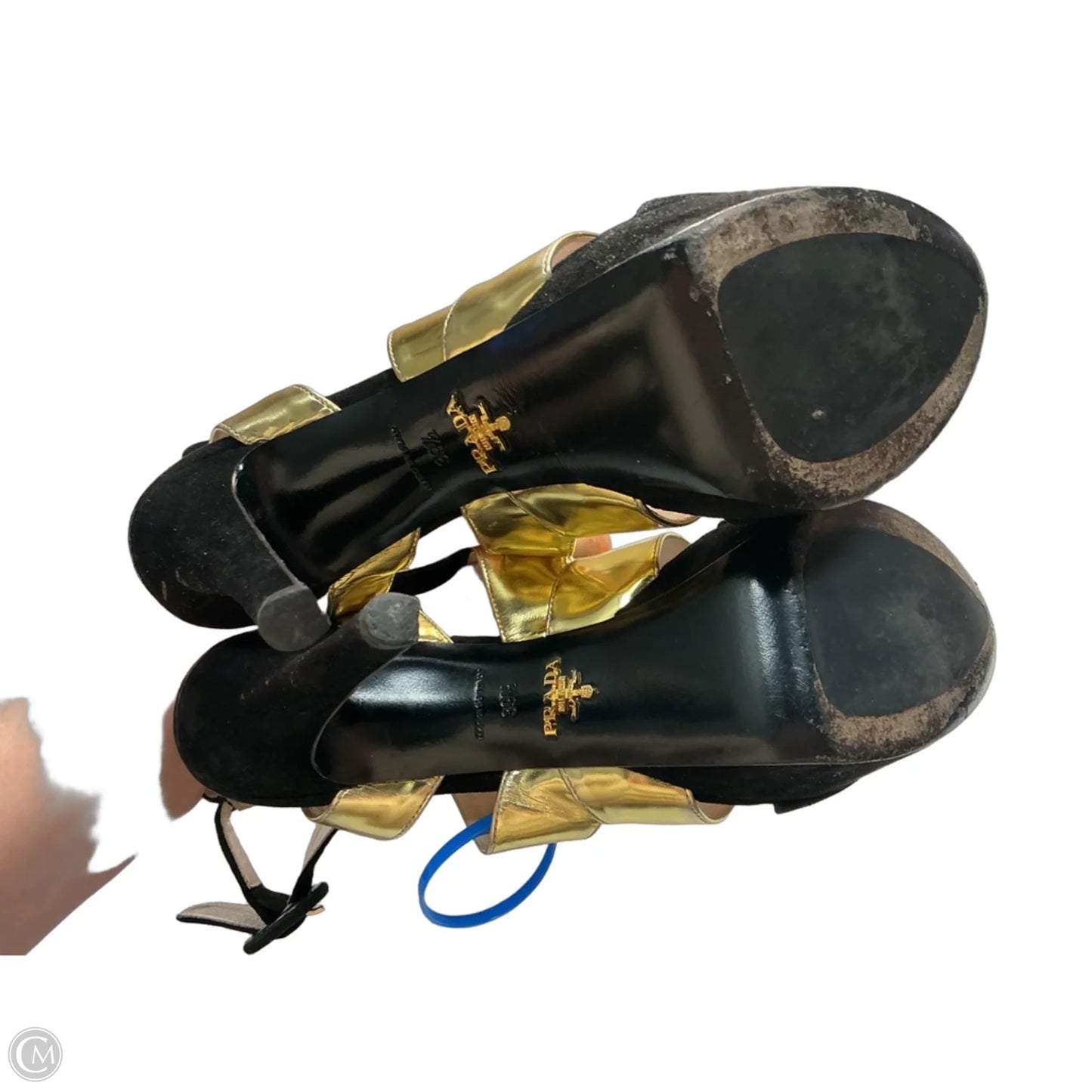 Shoes Luxury Designer By Prada In Black & Gold, Size: 9.5