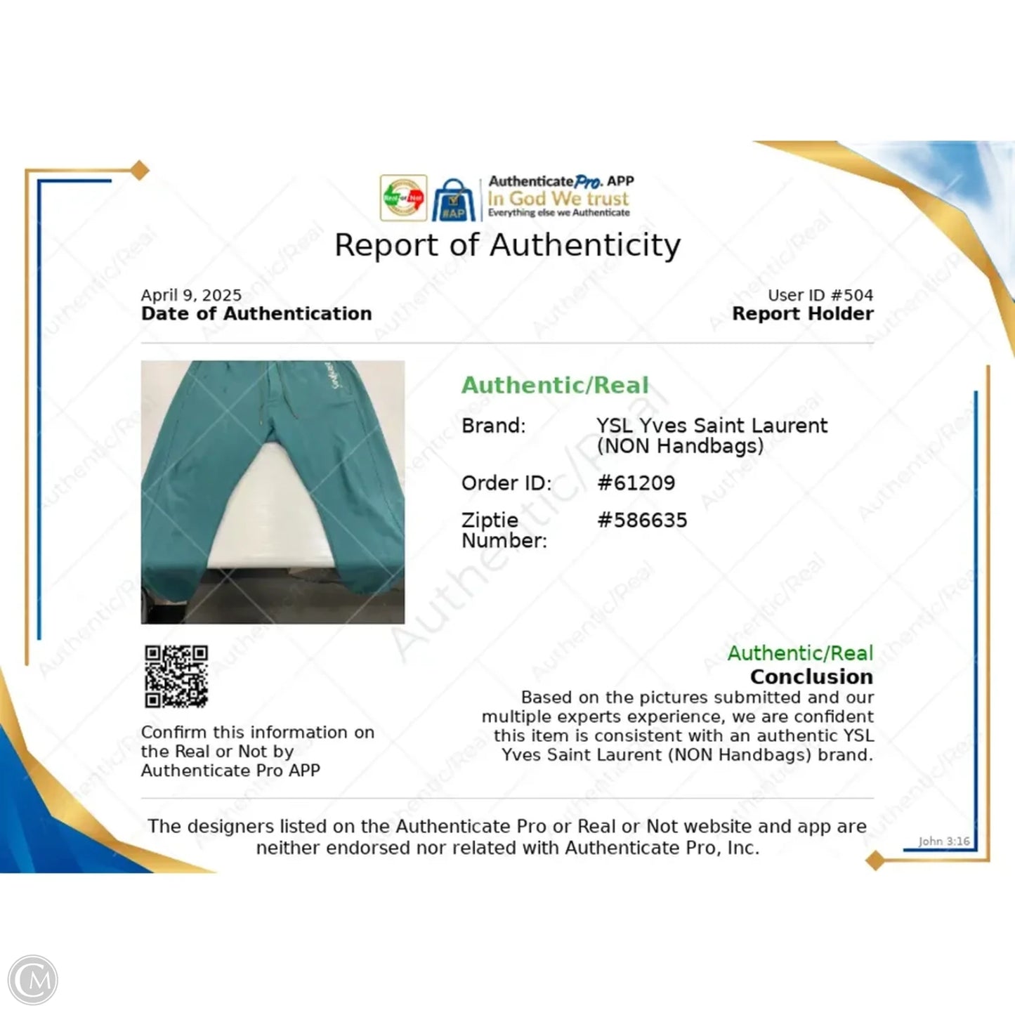 Pants Luxury Designer By Yves Saint Laurent In Green, Size: Xl